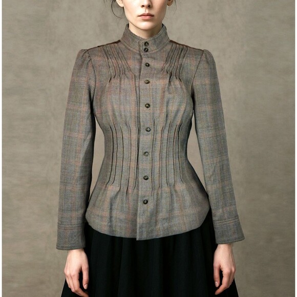 Free People Jacket Size 2 Brown Plaid Wool Button Pin Tuck Ruffle Back Military - Picture 1 of 13